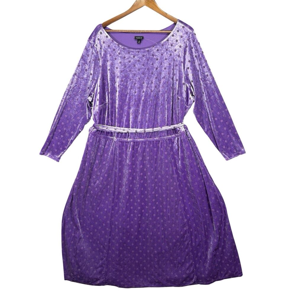 Torrid Size 3 (3X) Velvet Long Sleeve Polka Dot Dress Purple Belted Lined Maxi